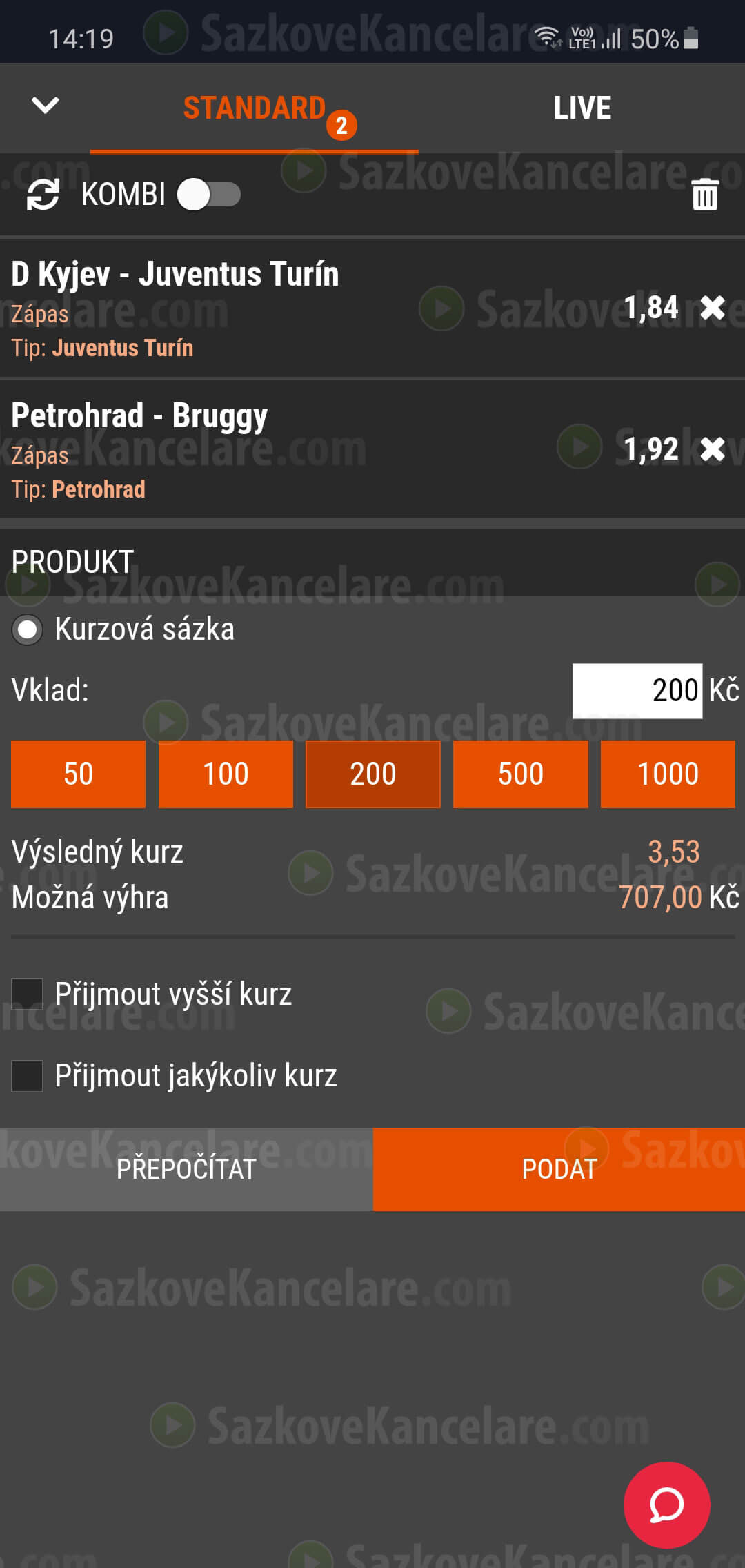 Sázenka v mobilní aplikaci SYNOT TIP