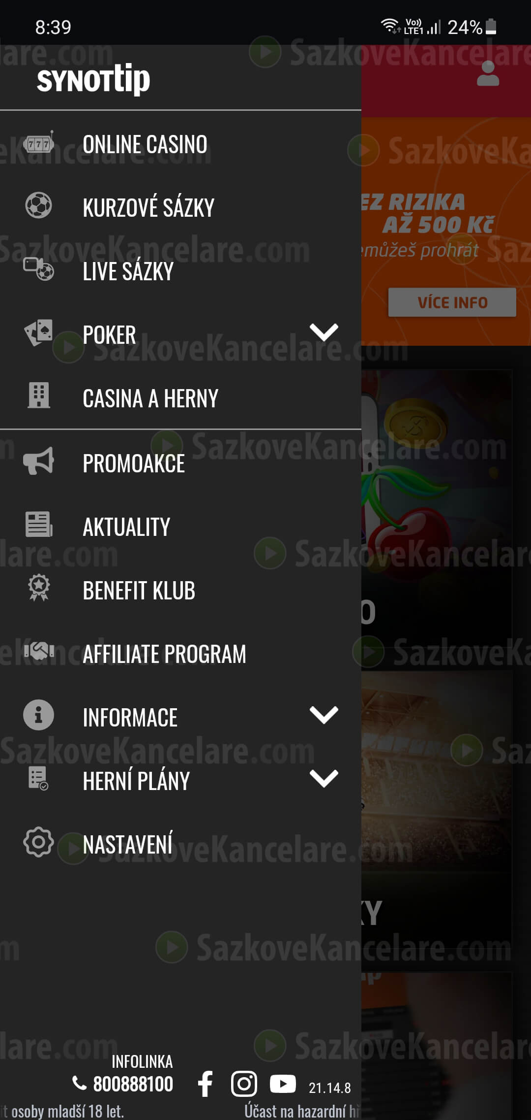 Boční menu před přihlásením do SYNOT TIP apk