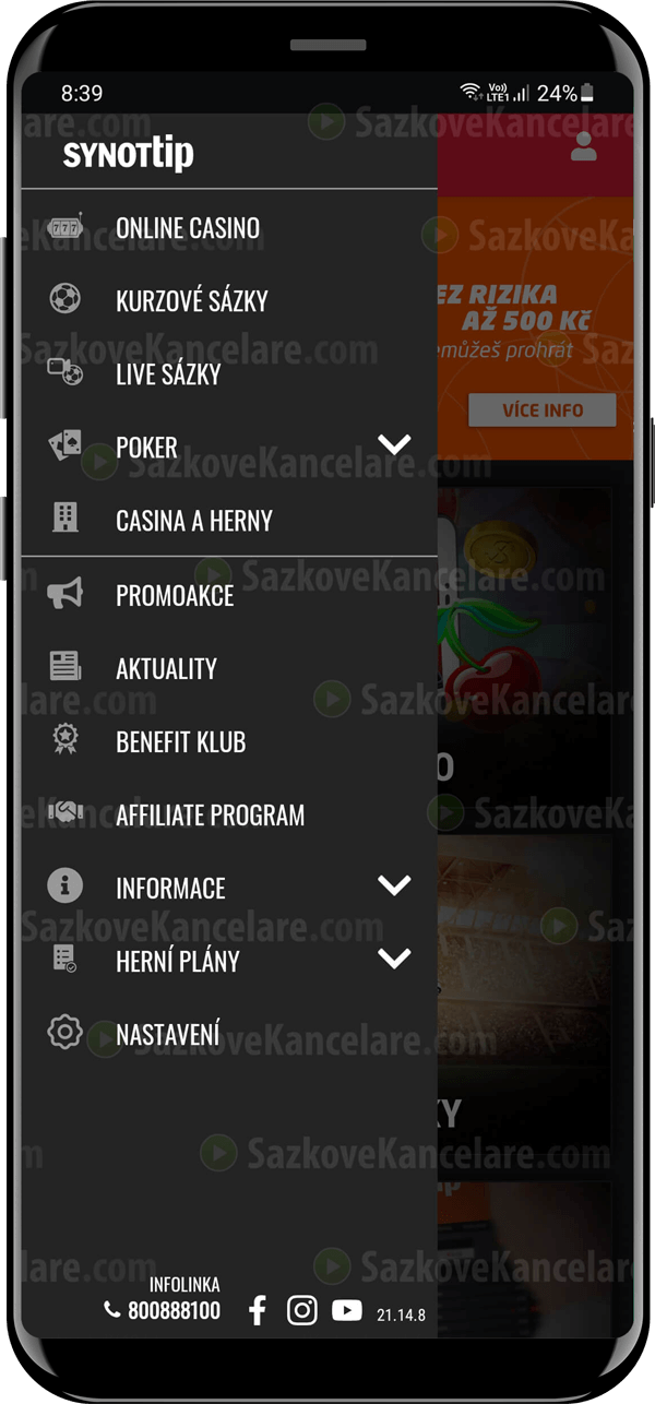 Boční menu před přihlásením do SYNOT TIP apk