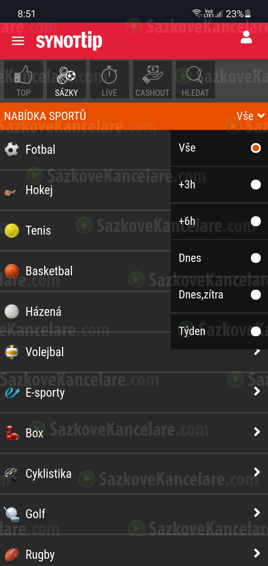 Ponuka Live sázek v aplikaci SYNOT TIP