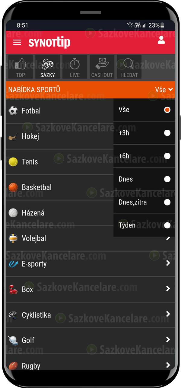 Ponuka Live sázek v aplikaci SYNOT TIP