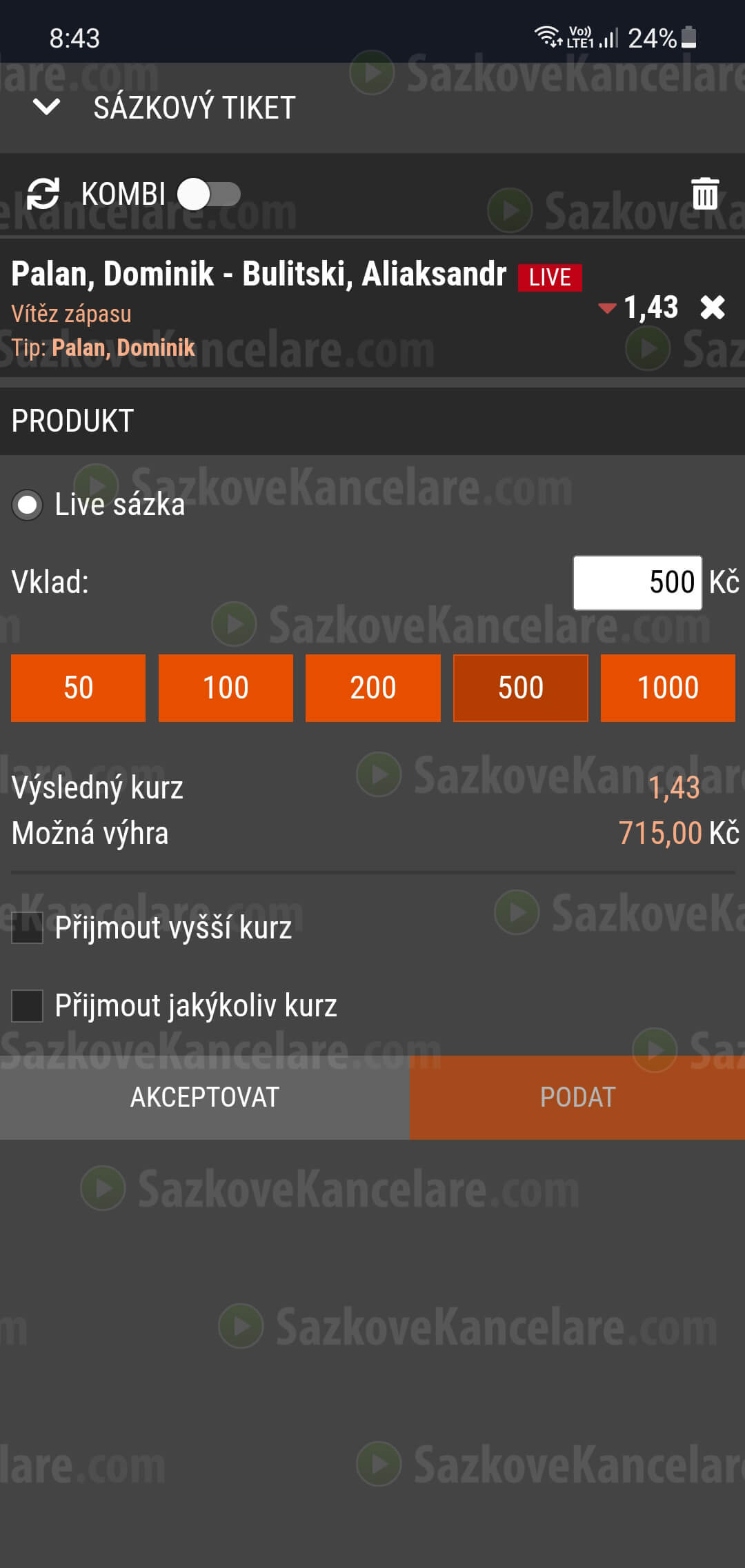 Live sázka v SYNOT TIP aplikaci
