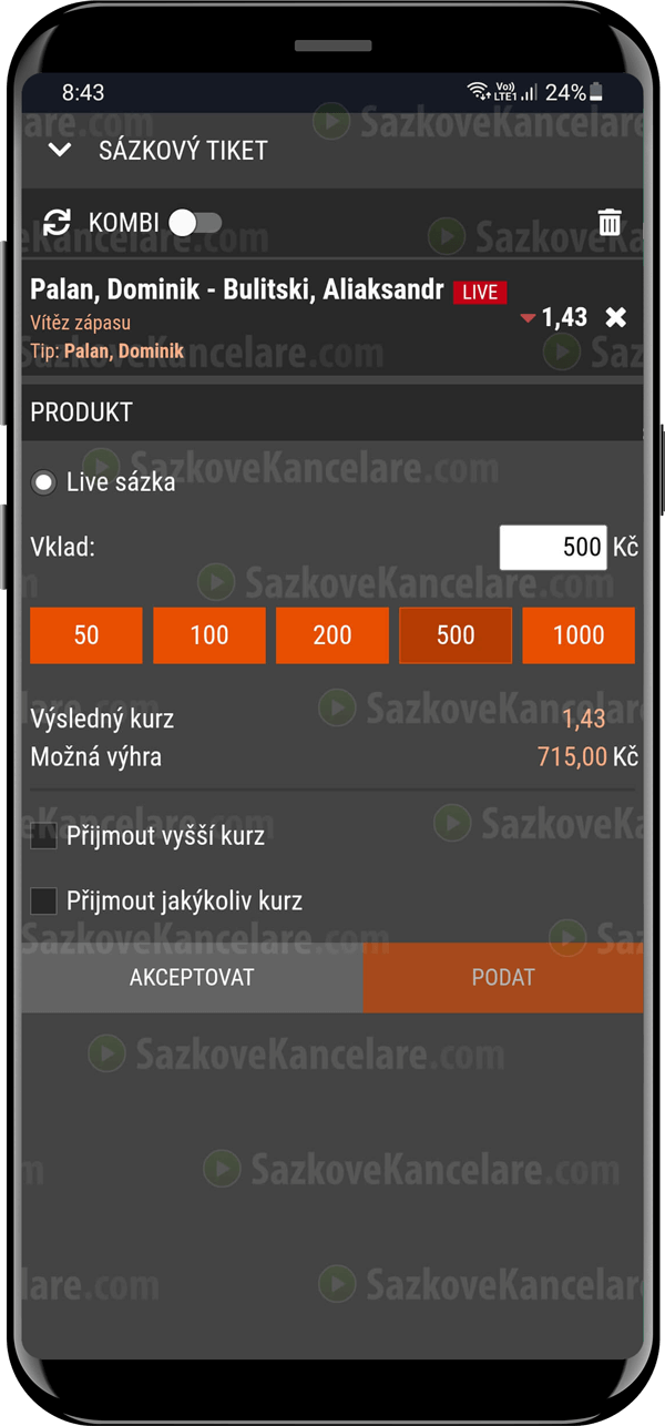 Live sázka v SYNOT TIP aplikaci