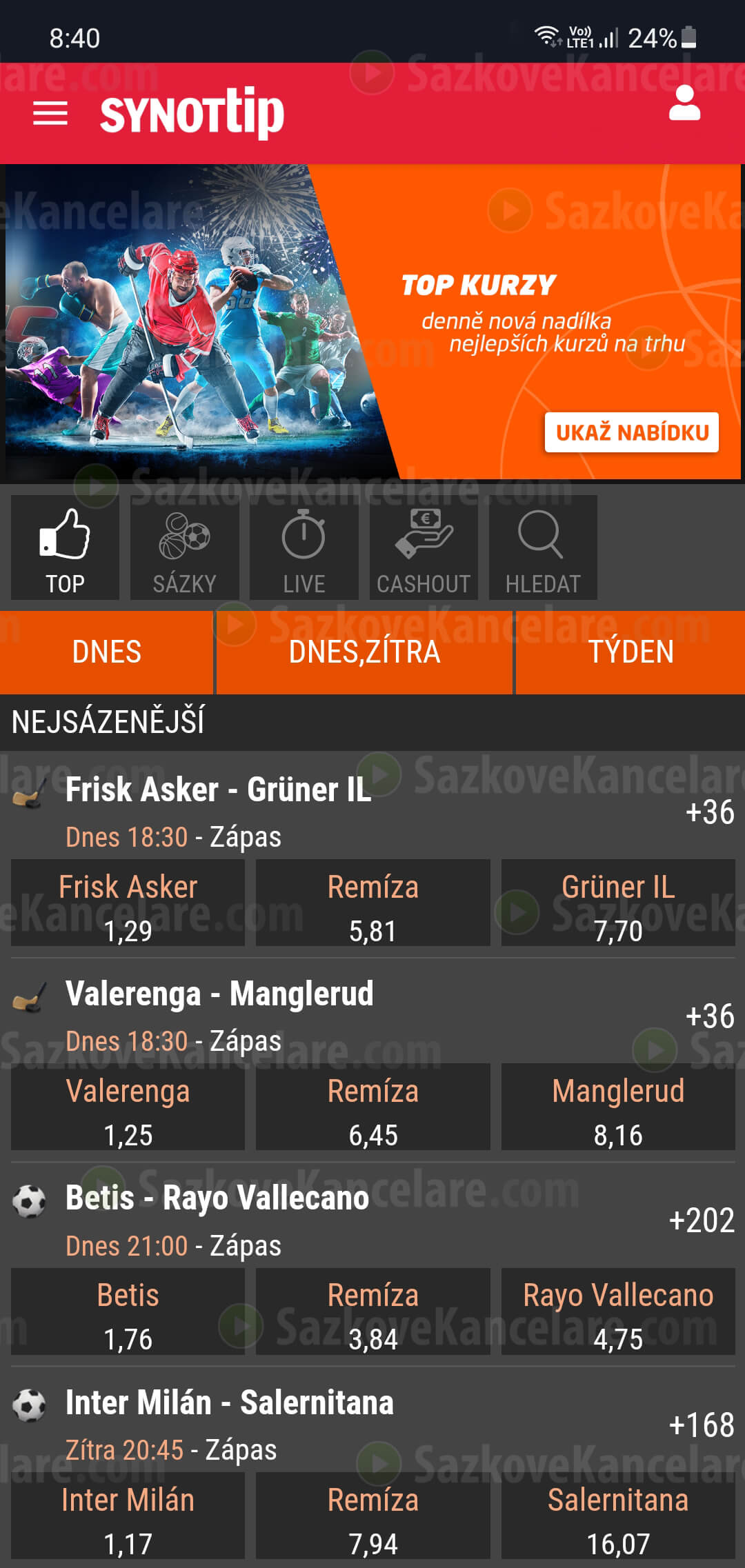 Top sázky v aplikaci SYNOT TIP