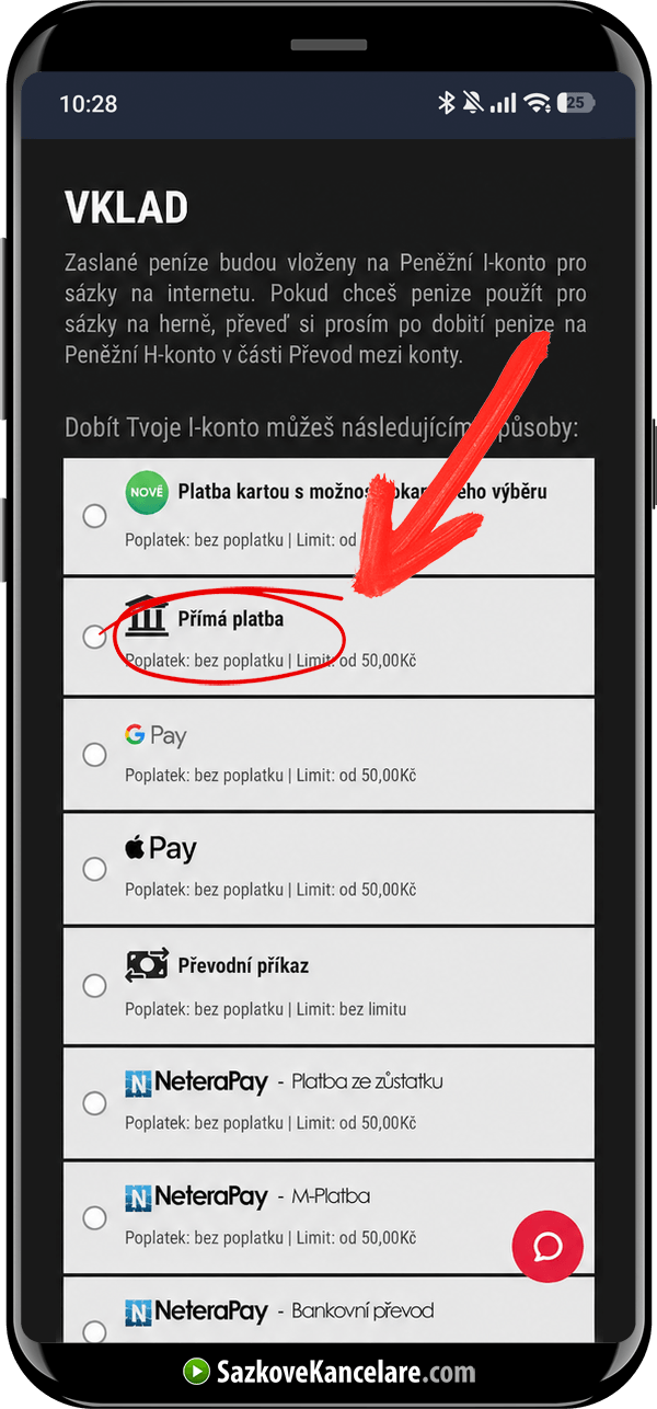 Vklad v SynotTipu přes mobil s výběrem platební metody Přímá platba