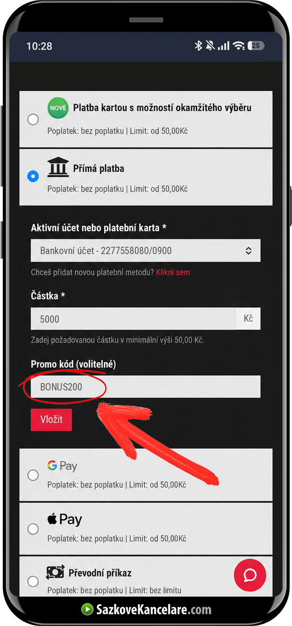 Pole Promo kód při vkladu přes mobil v SynotTipu