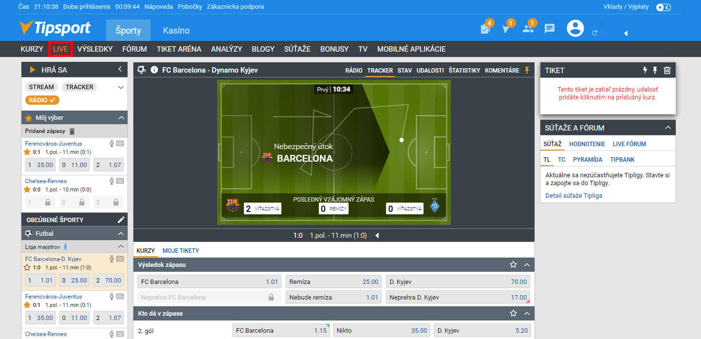 Zápasový match tracker u Tipsportu