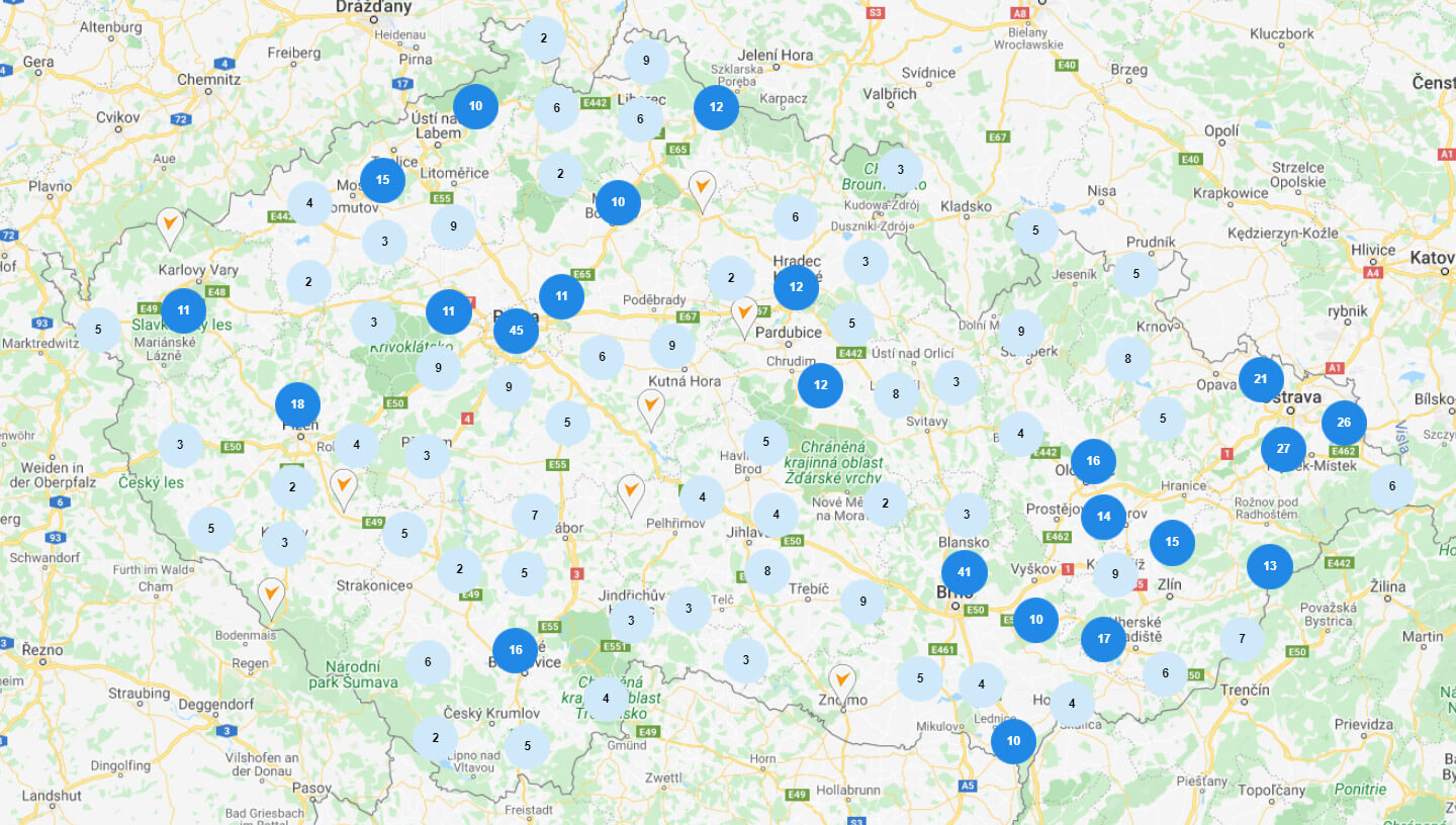 Mapa poboček Tipsport v Česku