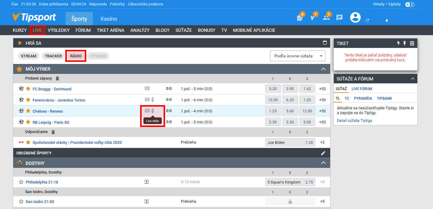 Živý audio přenos (live rádio) v Tipsportu