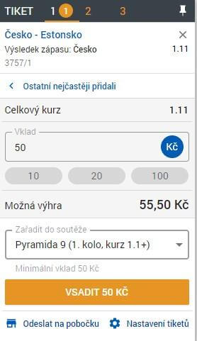 Ukázka, jak zařadit tiket do soutěže Tipsport Pyramida při podání sázky