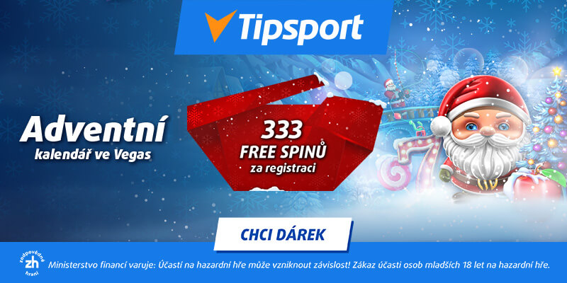 Tipsport adventní kalendář s 333 free spinů za registraci