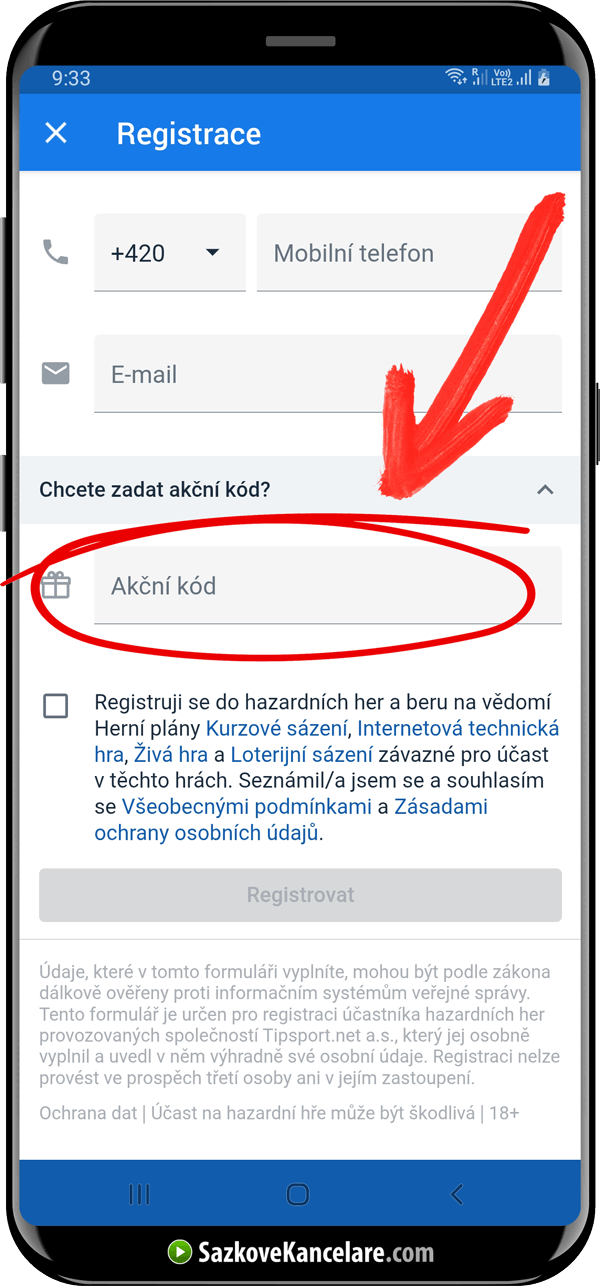 Detail pole pro zadání akčního kódu