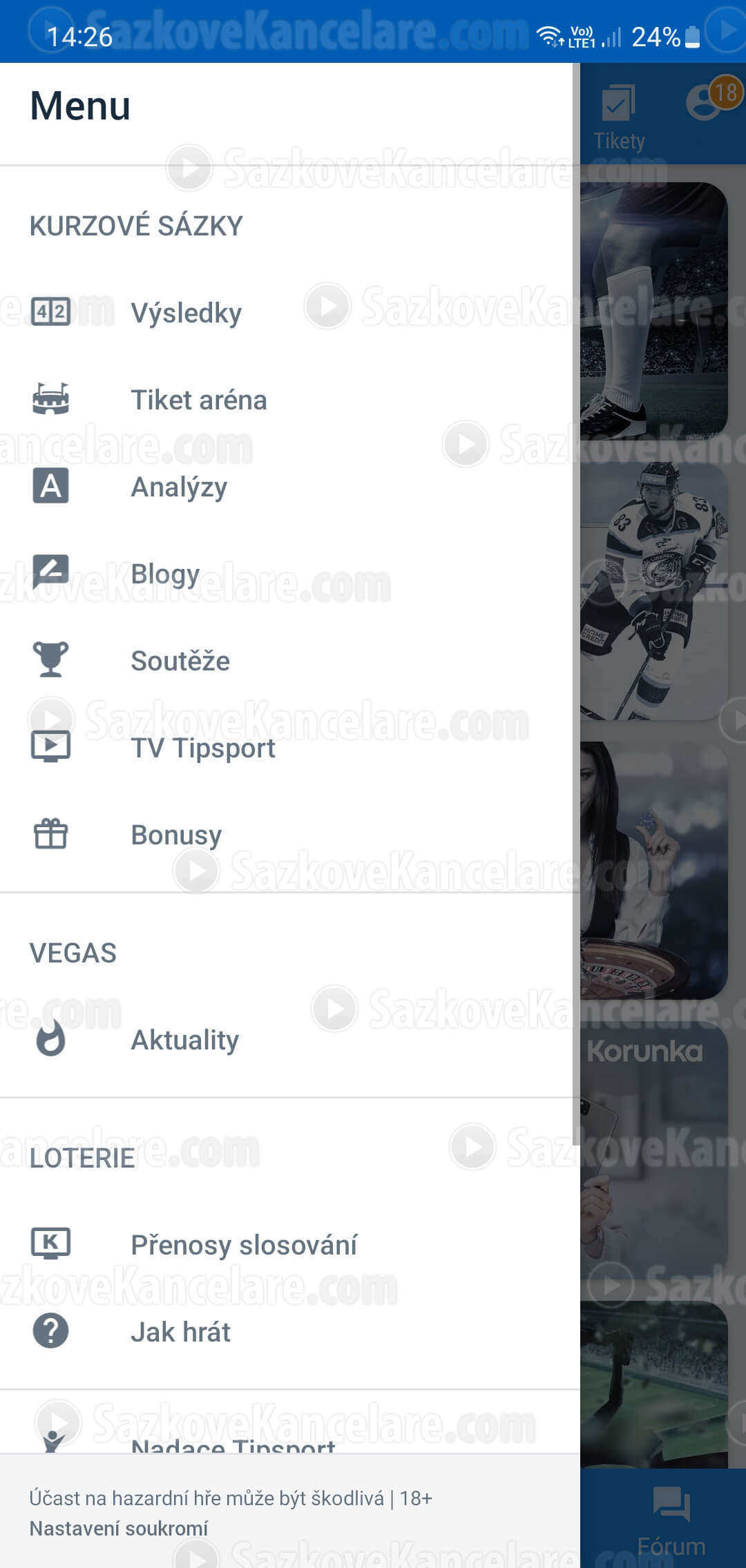 Vedlejší menu Tipsport aplikace