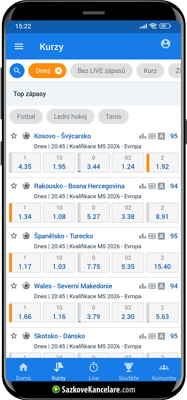 Kurzová nabídka aplikace Tipsport