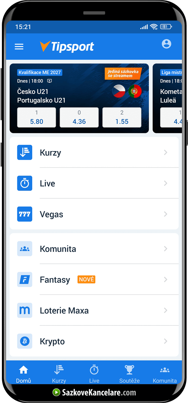 Menu mobilní aplikace Tipsport