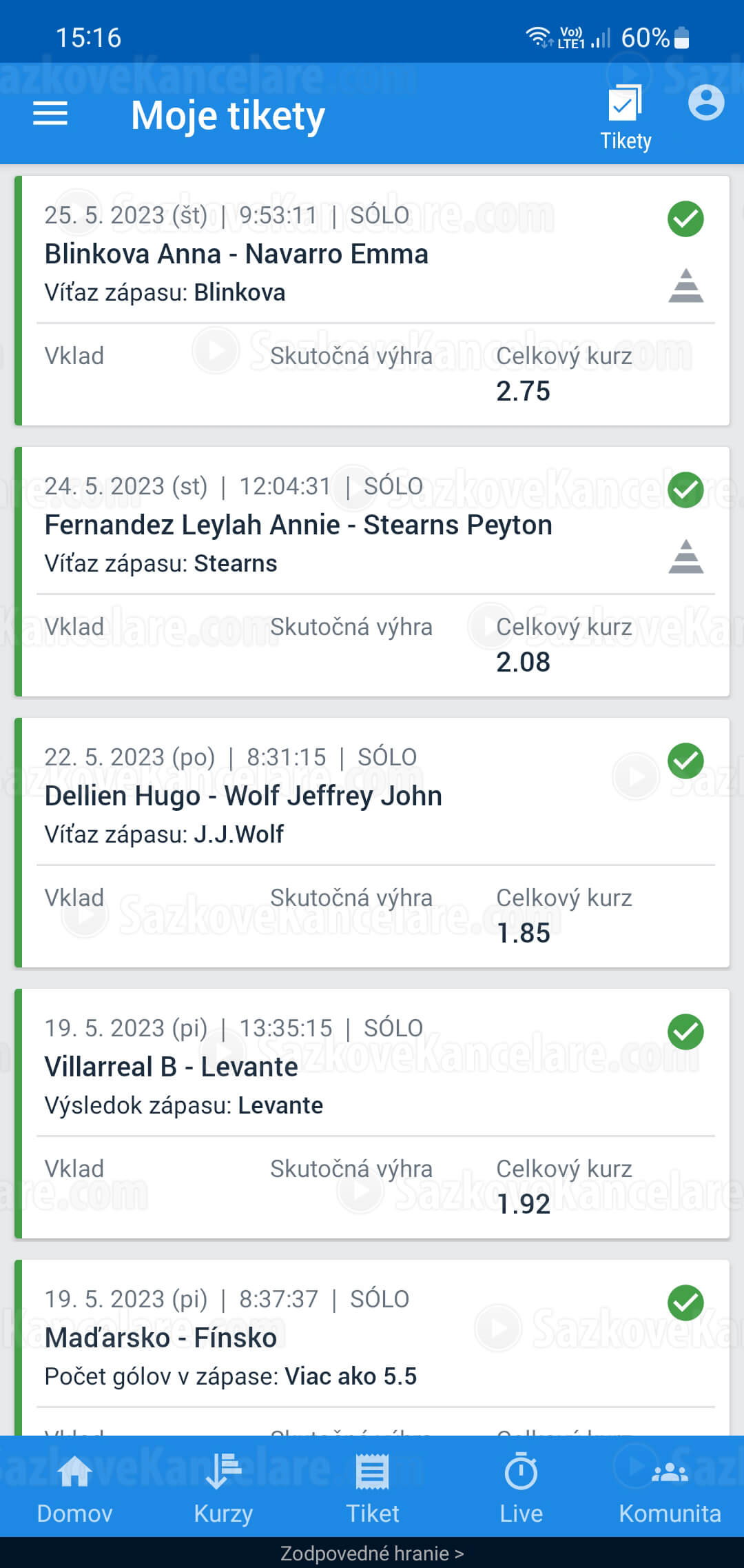Přehled podaných sázek v aplikaci Tipsport