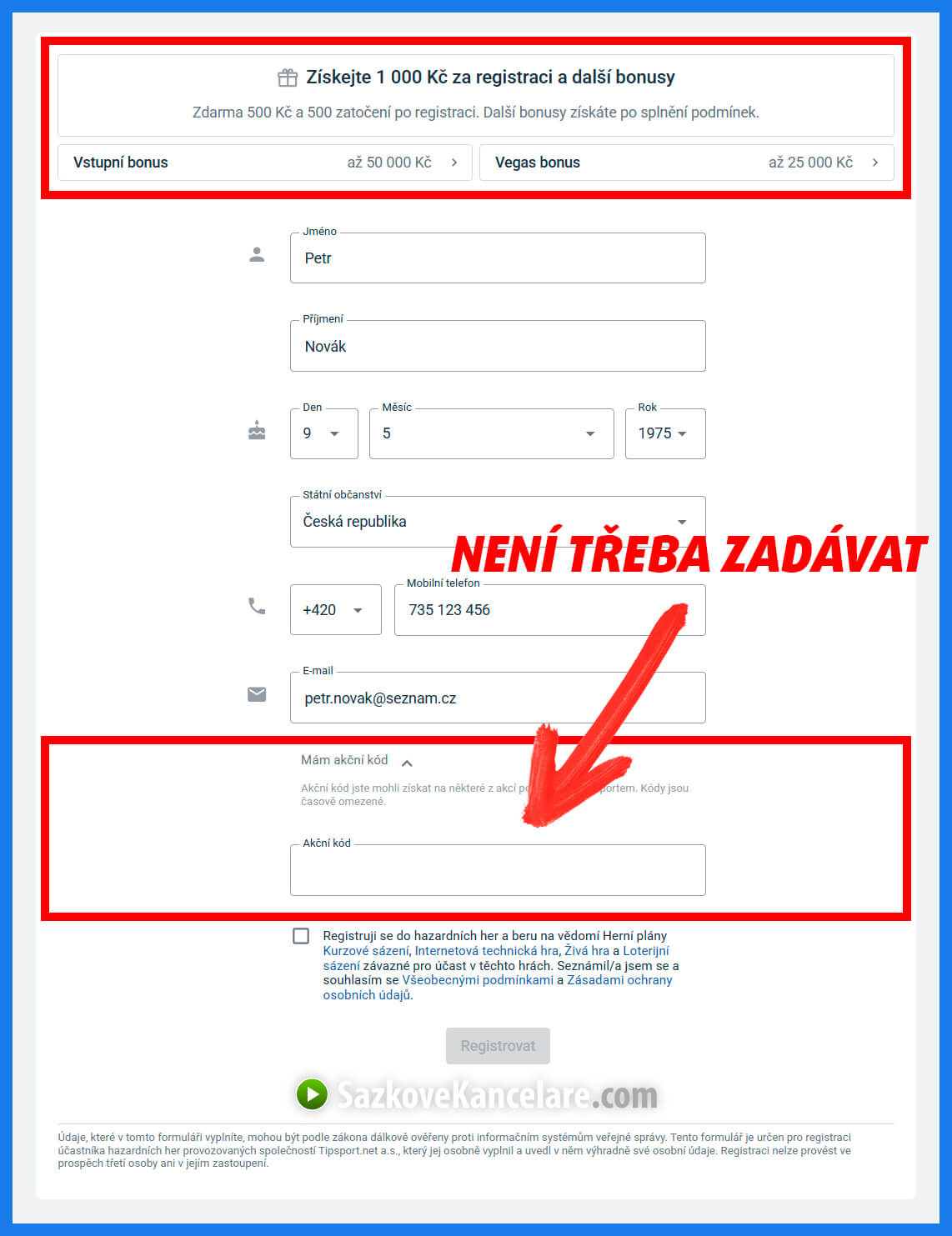 Registrační formulář v Tipsportu