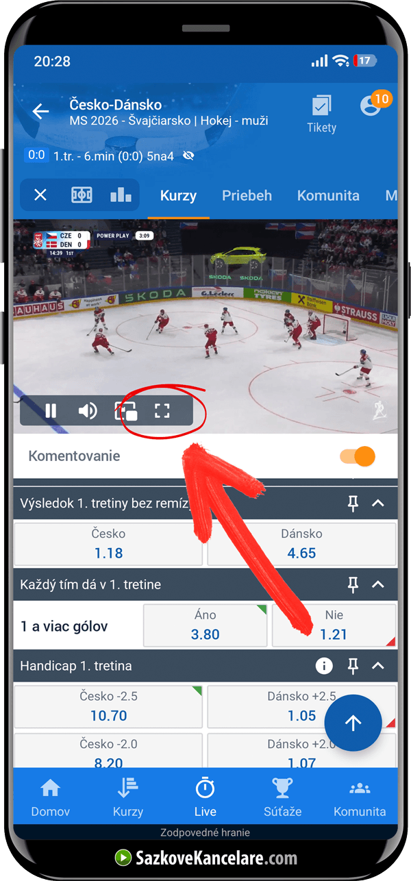 Kliknutím na ikonu zapnete přímý přenos na celou obrazovku