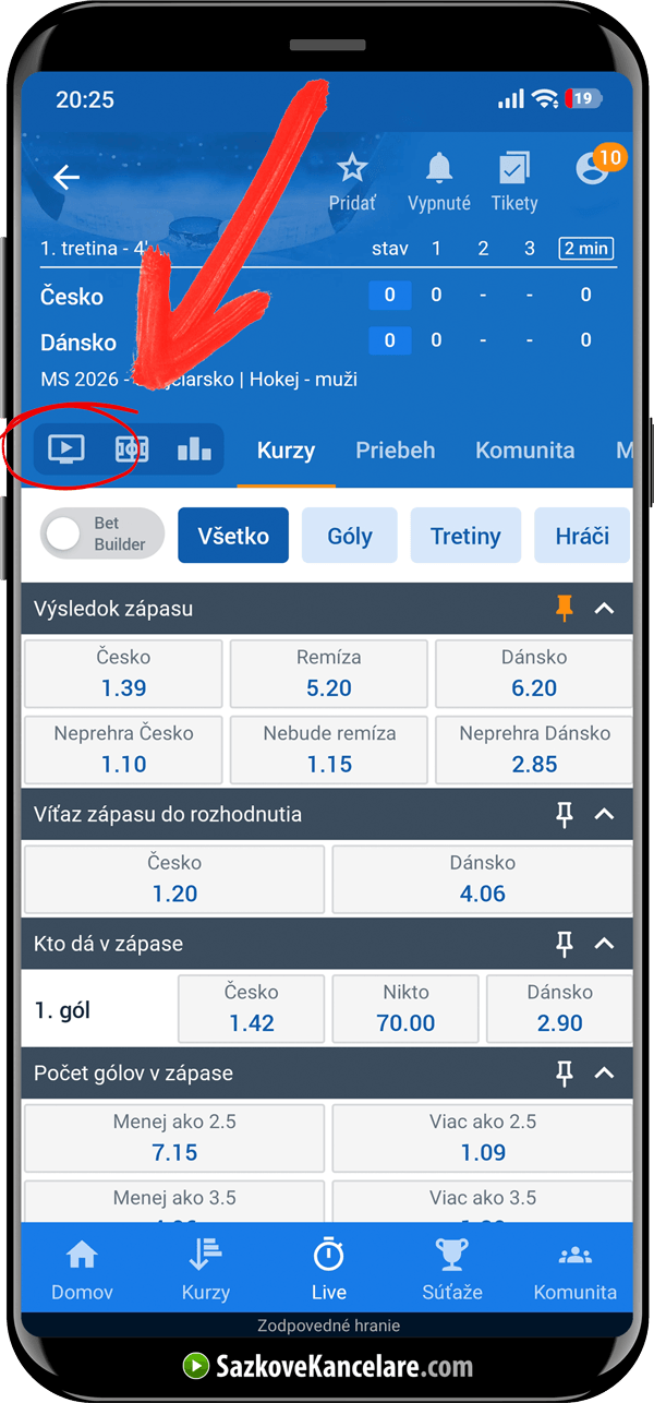 Kliknutím na ikonu přehrávače spustíte LIVE STREAM na TV Tipsport
