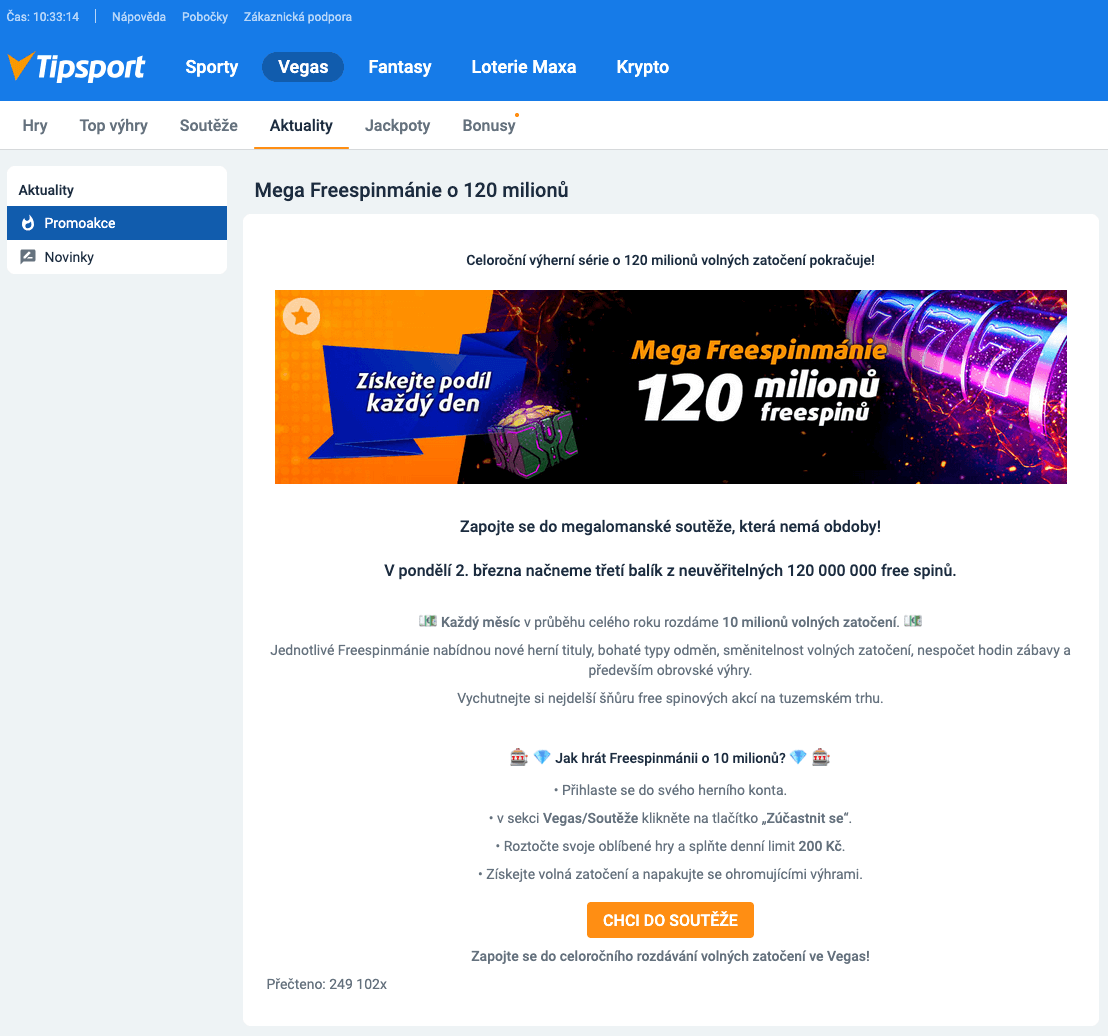 Ukázka sekce Promoakce v Tipsport Vegas