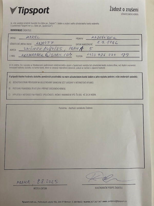 Žádost o zrušení Tipsport účtu vzor