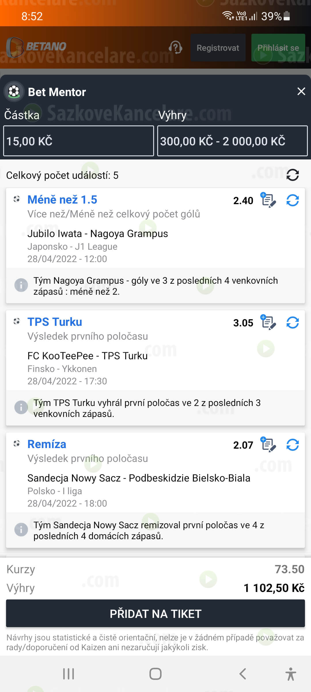 Funkce BetMentor v appce Betano