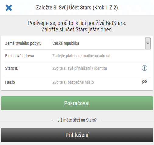Registrace u BetStars