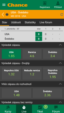 Live sázky v aplikací Chance