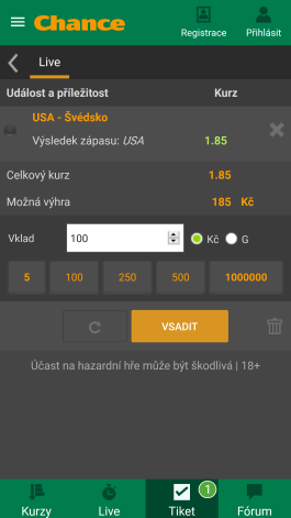 Tiket v mobilní aplikací Chance