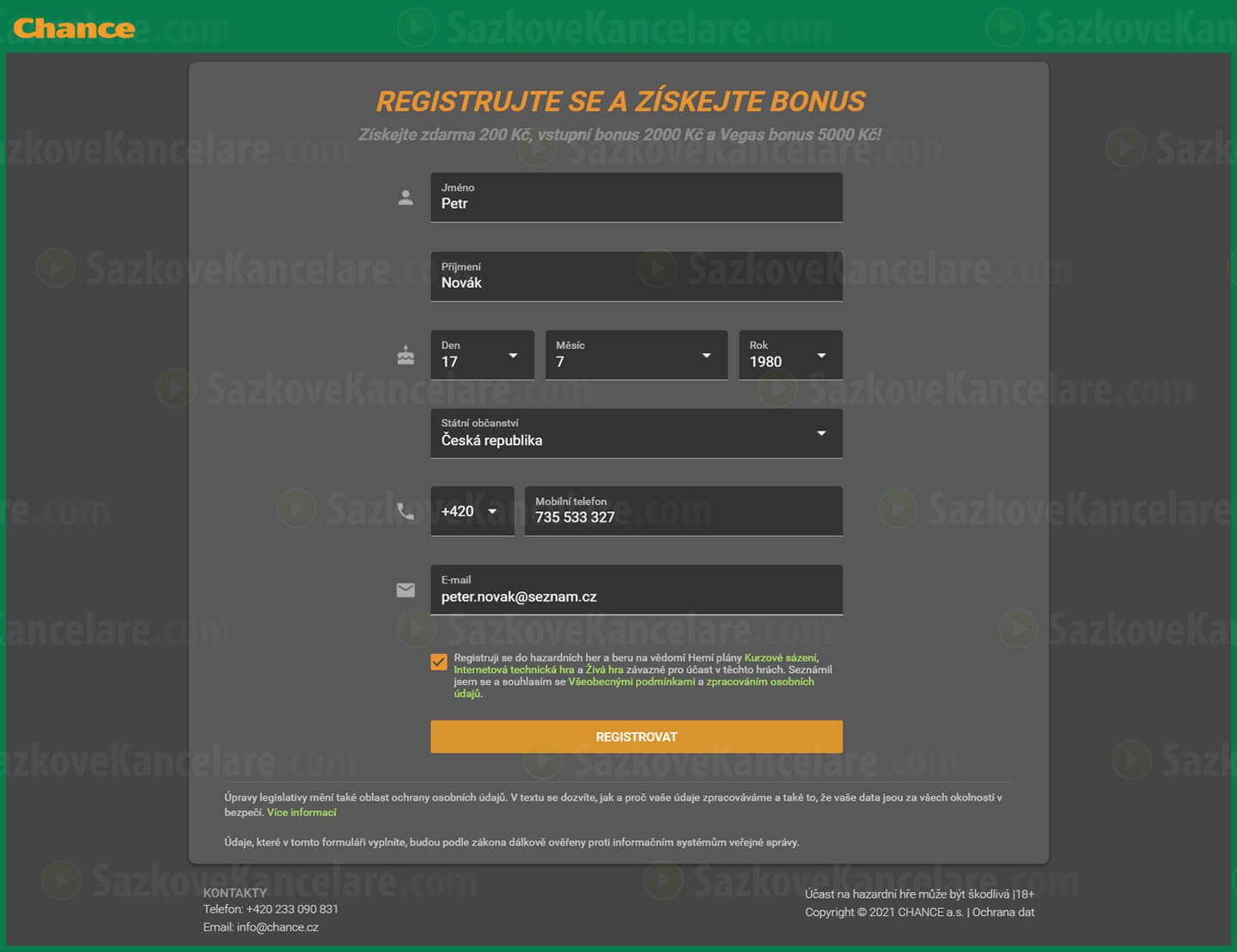 Registrační formulář v sázkové kanceláři Chance
