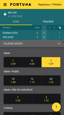 Live sázky v aplikací Fortuna