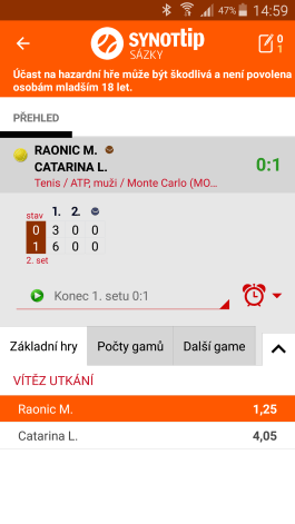 Live sázky v aplikací Synot Tip