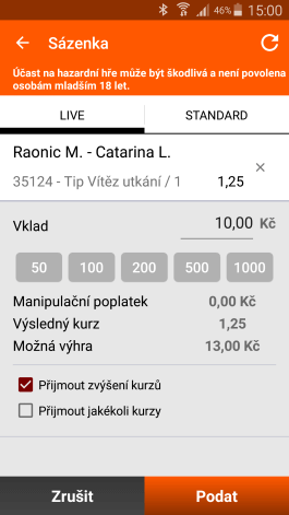 Tiket v mobilní aplikací Synot Tip