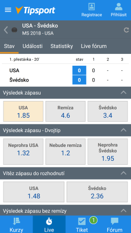 Live sázky v aplikací Tipsport
