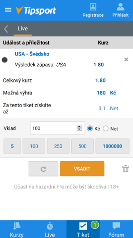Tiket v mobilní aplikací Tipsport