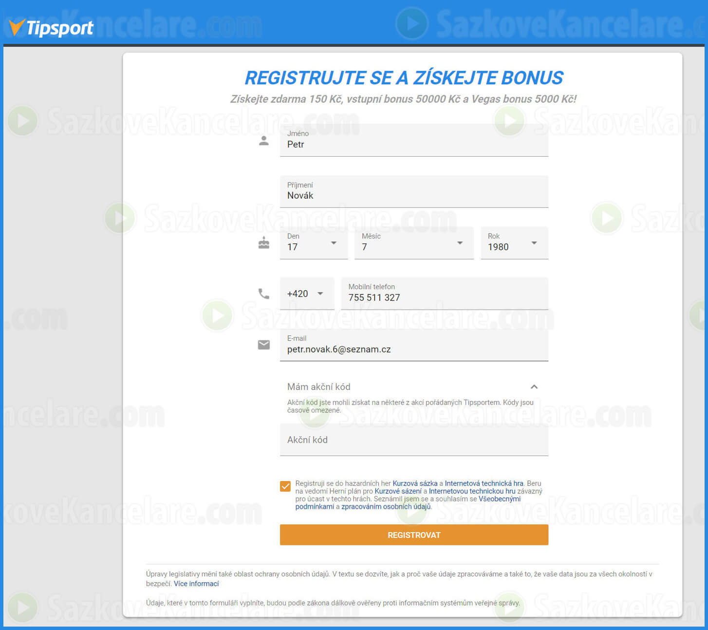 Registrační formulář u Tipsportu