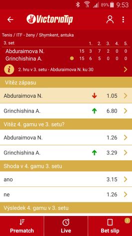 Live sázky v aplikací Victoria Tip