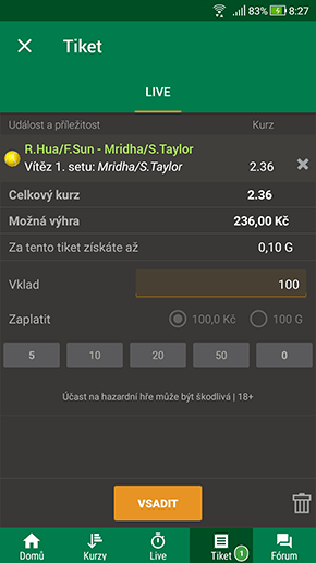Live sázka v appce Chance