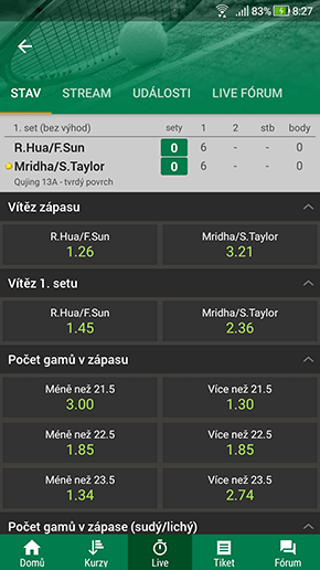 Live sekce v mobilní aplikaci od sázkové kanceláře Chance