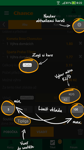 Nápověda v Chance apk při prvním podání sázky 