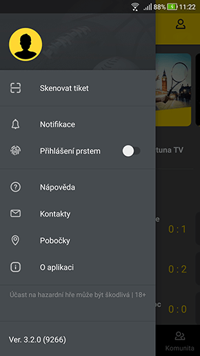 Boční menu v mobilní aplikaci Fortuna