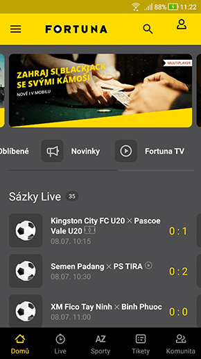 Fortuna aplikace a její úvodní obrazovka