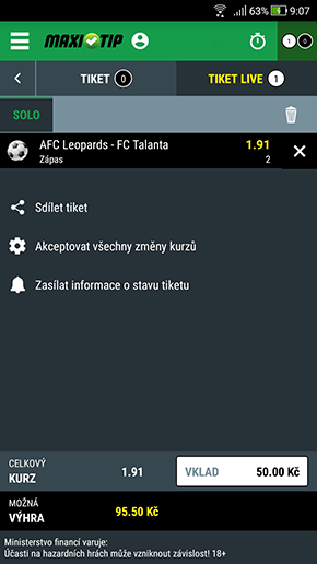 Live sázka v Maxitip aplikaci