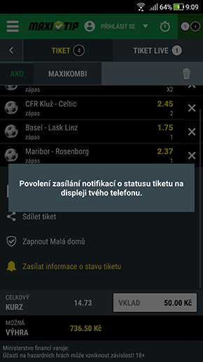 Live notifikace v appce Maxitip