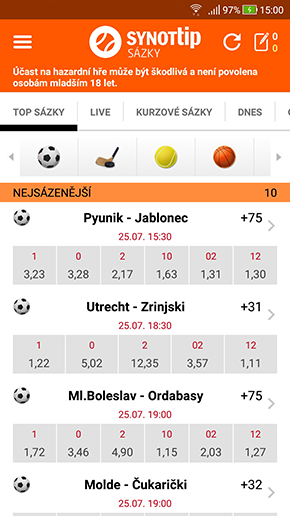 Top sázky v appce SYNOT TIP