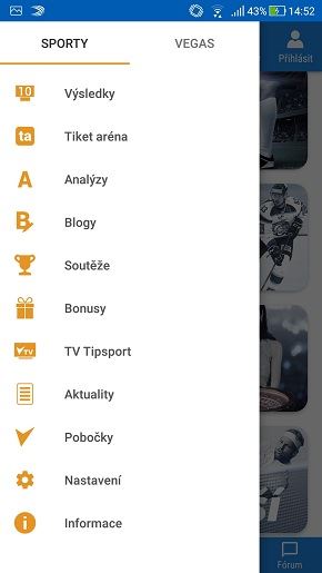 Hlavní menu Tipsport aplikace