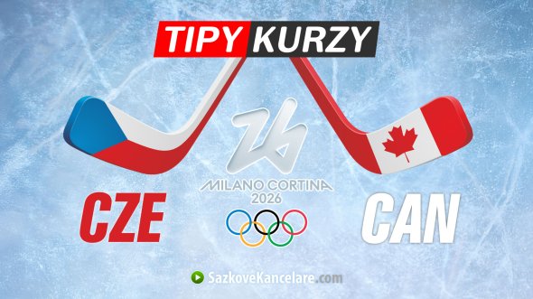 Hokejky s vlajkami Česka a Kanady s logem ZOH 2026 Milano Cortina a nápisem TIPY KURZY