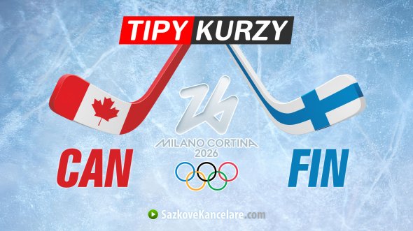 Hokejky s vlajkami Kanady a Finska s logem ZOH 2026 Milano Cortina a nápisem TIPY KURZY.