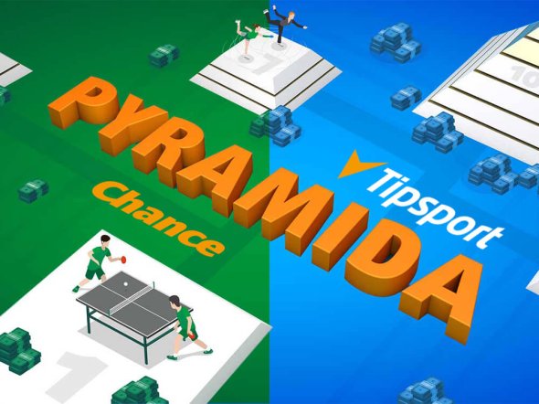 Grafická ilustrace soutěže Pyramida pro Tipsport a Chance se sportovními motivy a balíky peněz