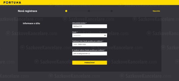 Vyplněný registrační formulář na ifortuna.cz